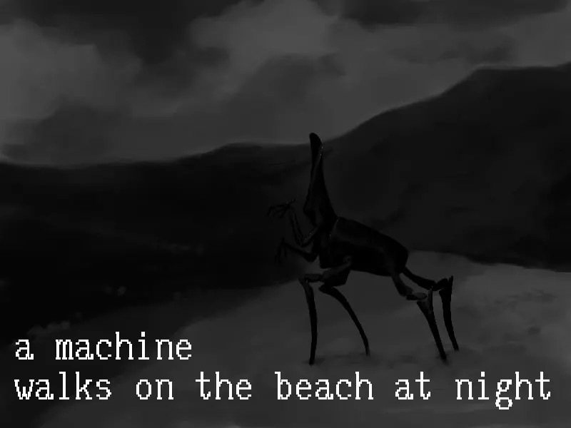 a machine walks on the beach at night
